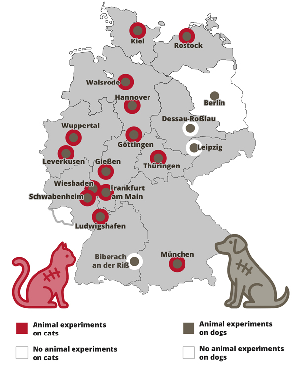 Map of animal experiments on cats and dogs in Germany